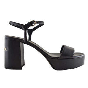 Chanel 24C Black Lambskin Leather Logo Platform Ankle Strap Block Heel Sandal 41